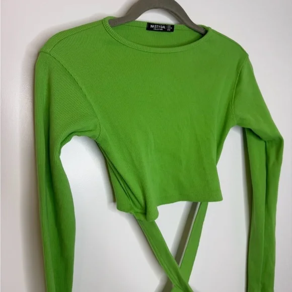 NASTY GAL Long Sleeve Dress Womens 4 S Green Ribbed Knit Maxi Bodycon Cutout Y2K - Picture 6 of 8